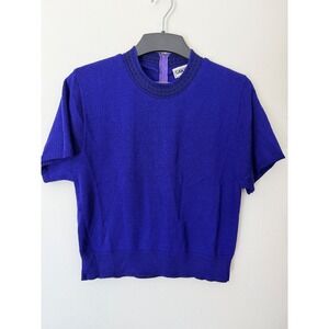 Vintage San Remo Short Sleeve Knit Sweater Cobalt Blue Back Zip Womens L